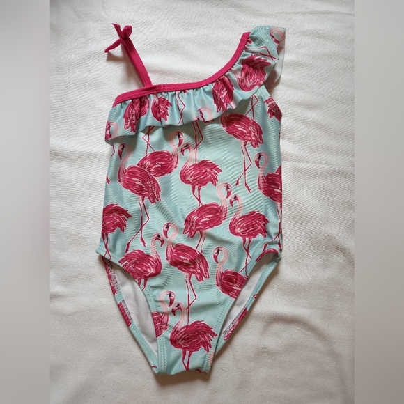 Gymboree 2T Flamingo Ruffled Swimsuit Swim Blue Pink - Picture 1 of 3